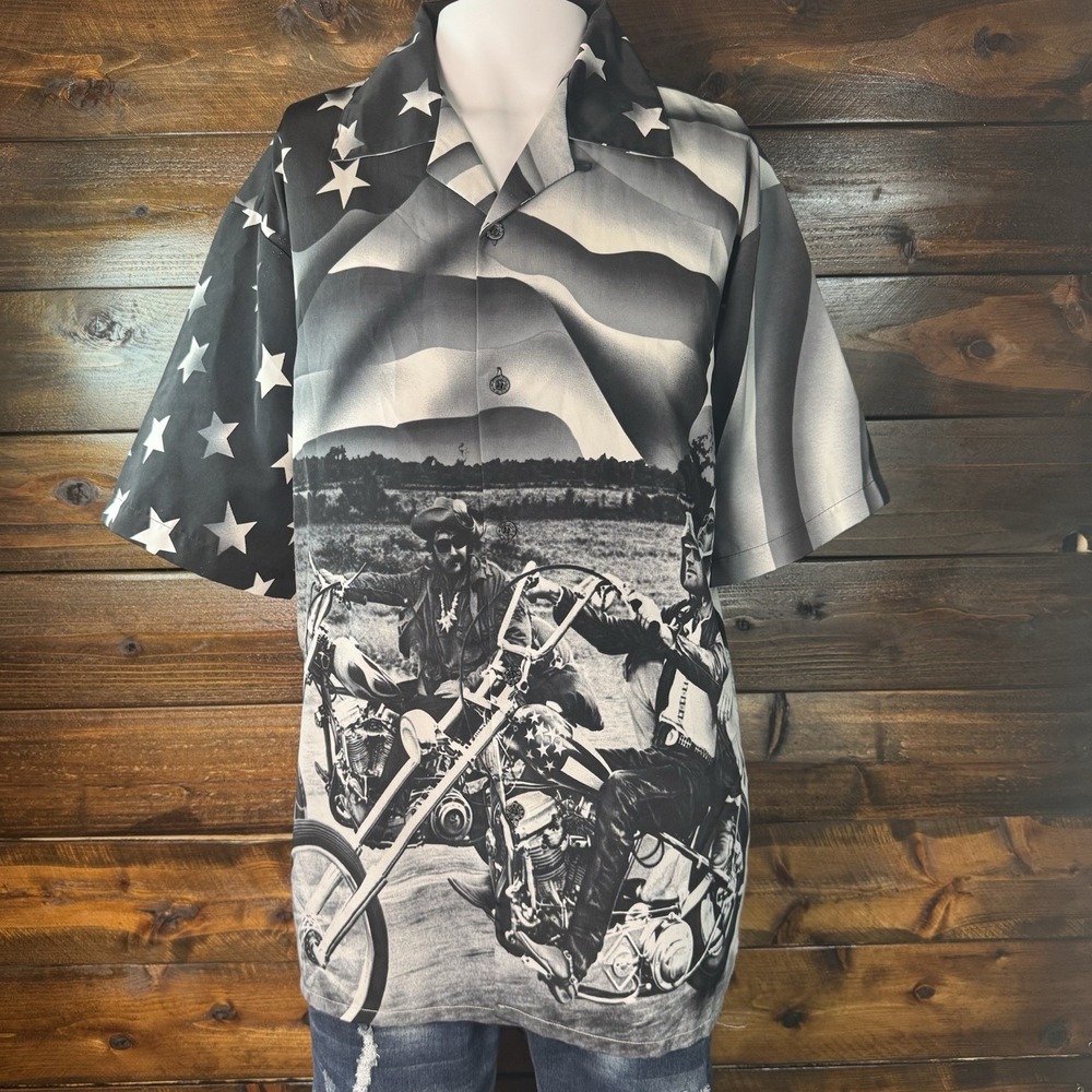 Mens Vintage Dragonfly Easy Rider‎ Motorcycle AOP  Button Up Retro Shirt Black L